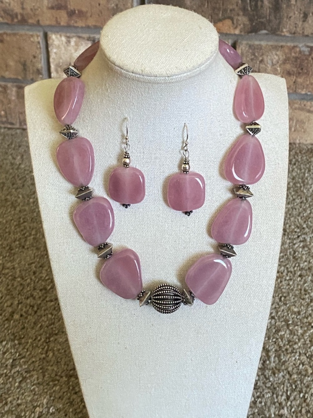 Sterling Silver Pink Stone Necklace & Earrings Set